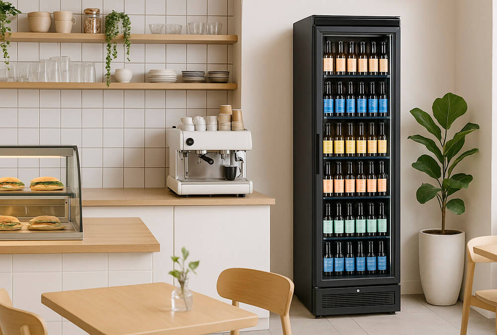 Flaskekøleskab med drikkevarer Flaskekøleskab i cafemiljø