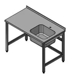 Fuldsvejst stålbord m/ træindlæg BASIC med vask i højre side L:1600/D:700 - Forskyllebord