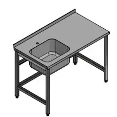 Fuldsvejset stålbord m/ træindlæg BASIC med vask i venstre side L:2000/D:700 - Forskyllebord